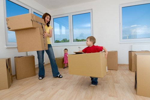 Packed business items ready for transport during a local office relocation